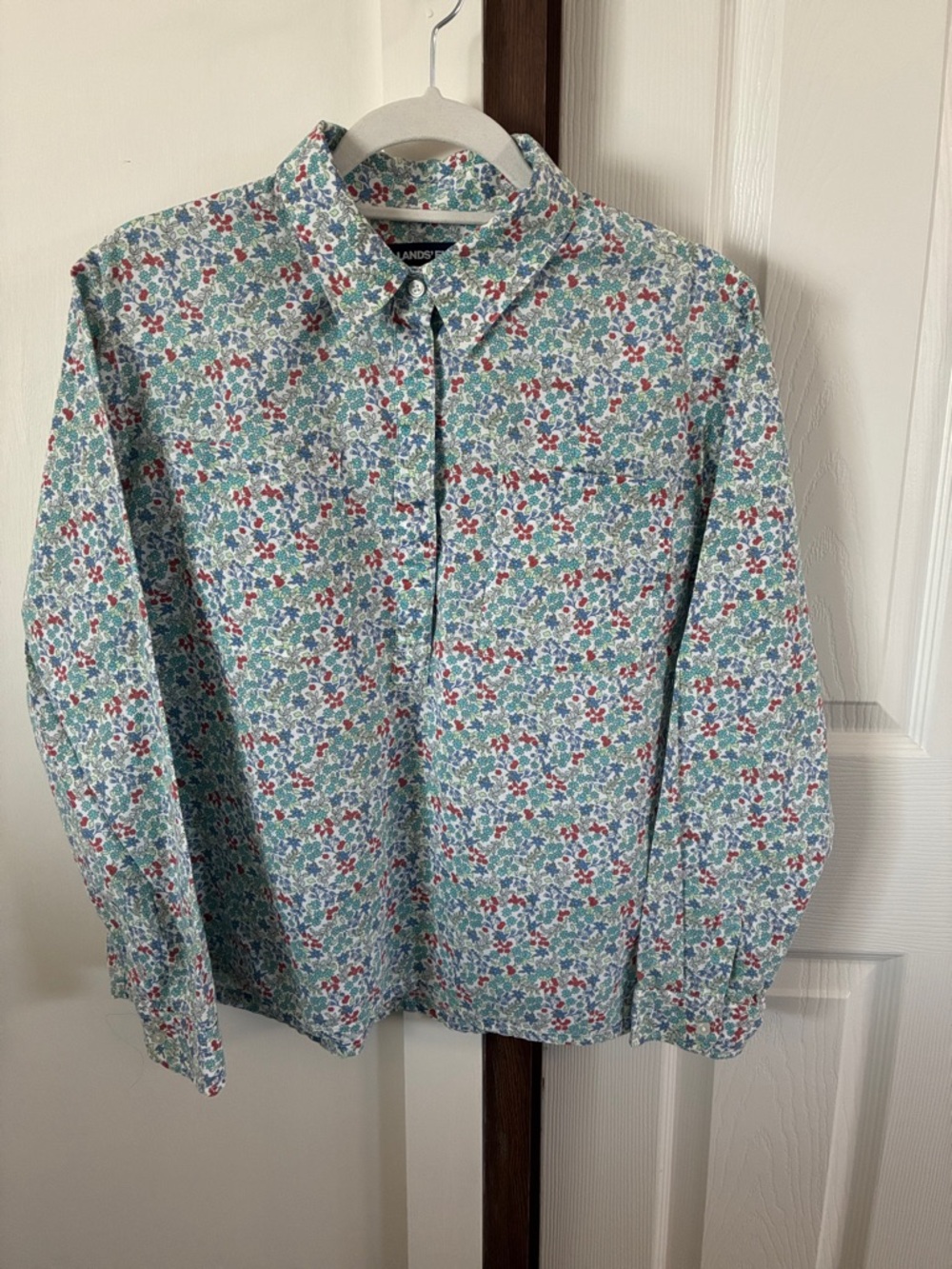 Lands' End Floral Button-Down Shirt in Light Blue, Green & Red